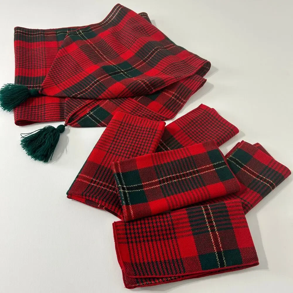 Vintage Red Green Plaid Table Runner & 5 Napkins Set Tartan Christmas Decor
